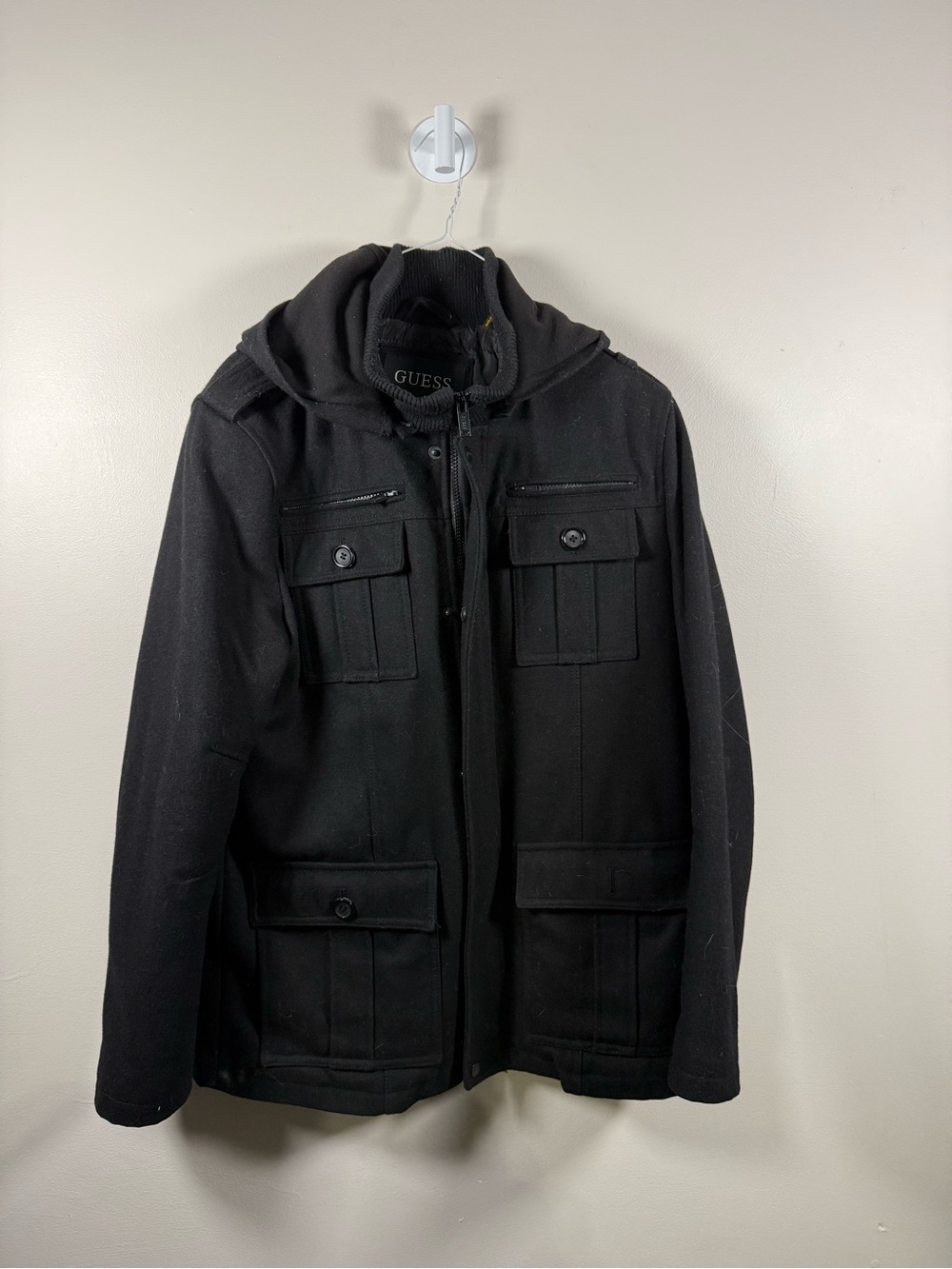 GUESS Black Military-Style Hooded Pea Coat